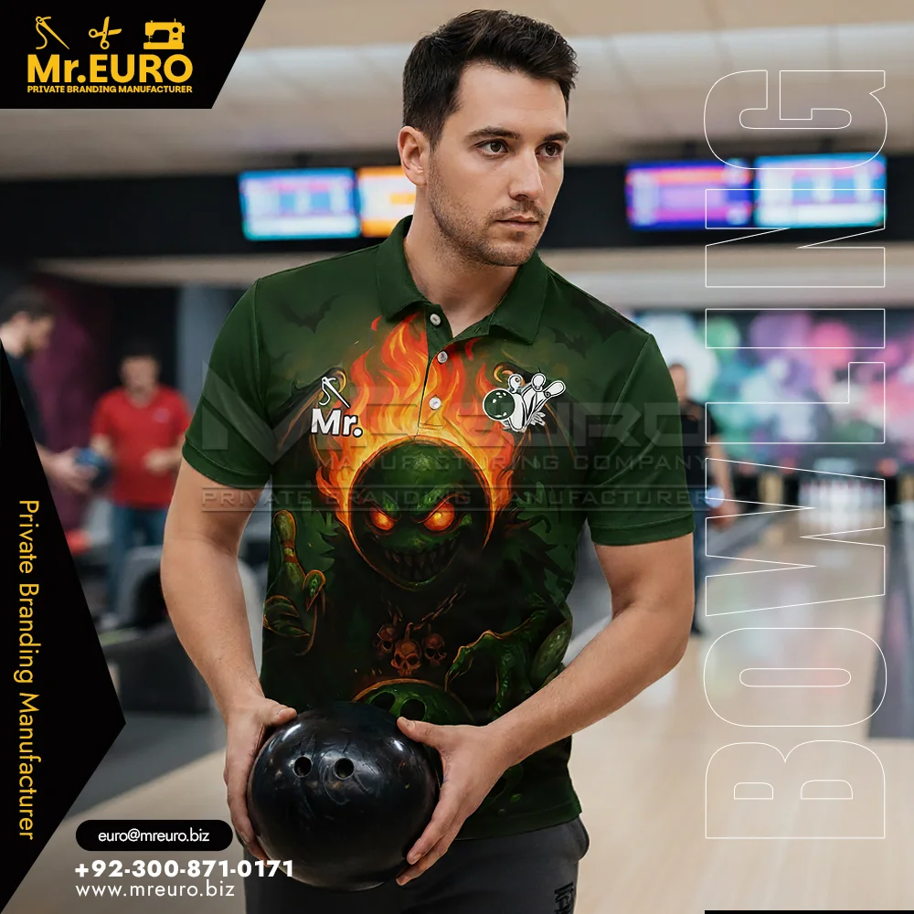Custom Green Fireball Bowling Polo Shirt Custom Print Style - Custom Bowling Uniforms