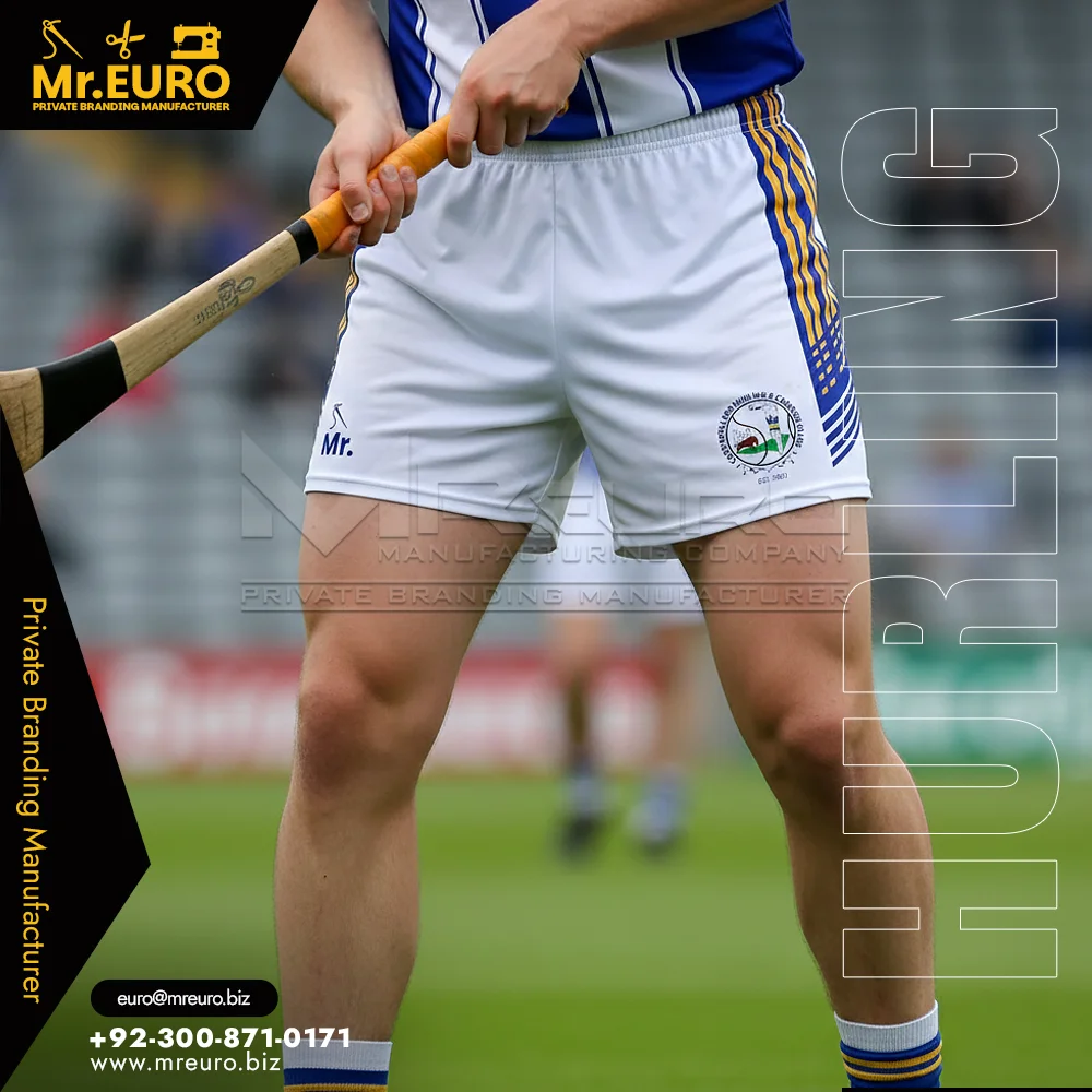 Custom Sublimation White & Blue Hurling Shorts for Squads - Custom Hurling Uniforms
