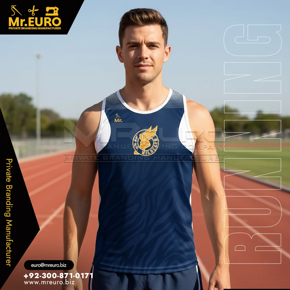 Custom White & Blue Sublimation Running Sleeveless Tank Top - Custom Running Uniforms