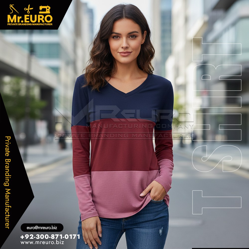 Women Color Block V Neck T Shirt