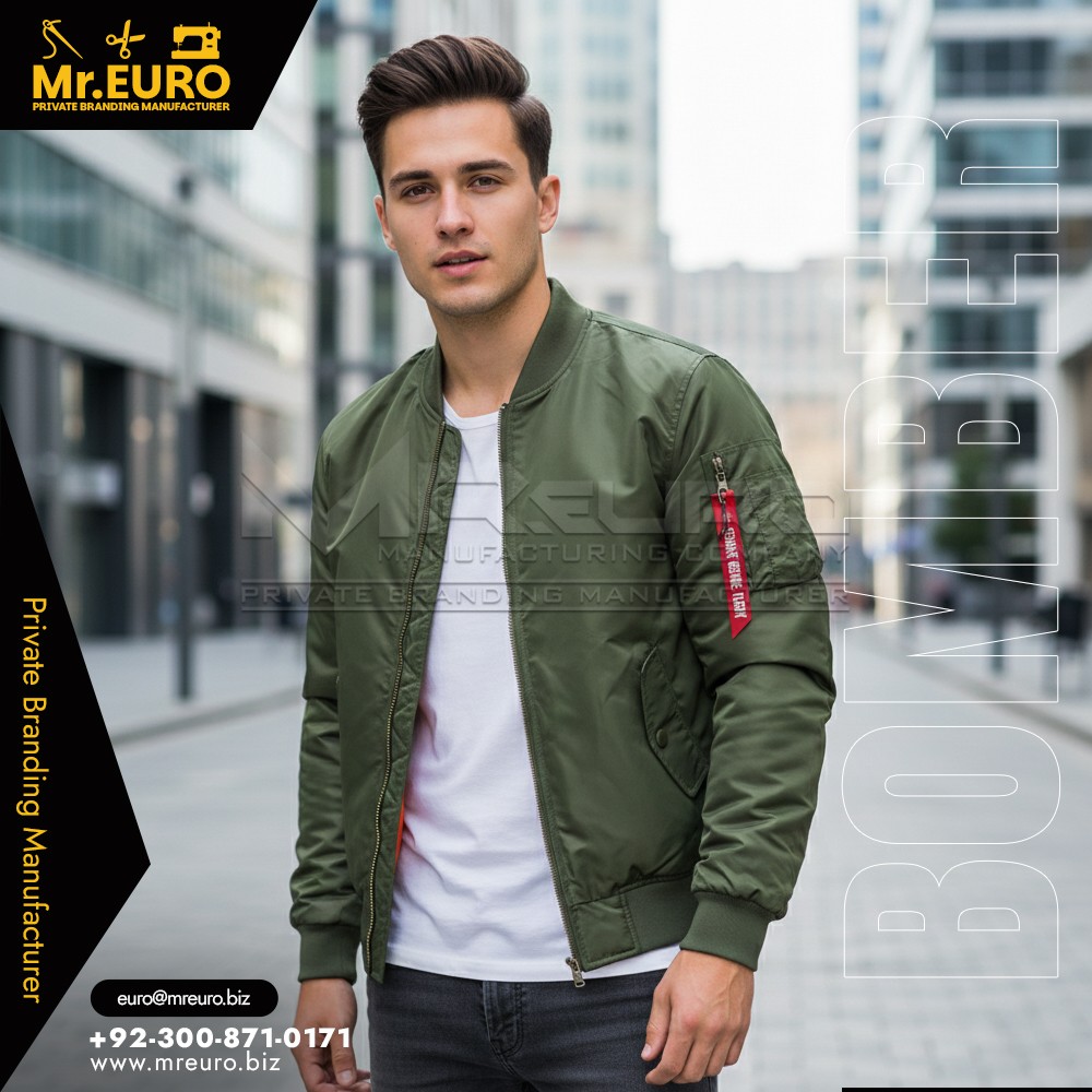 Men Olive Green Bomber Jacket