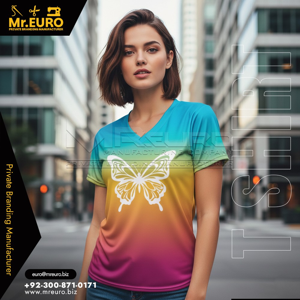 Stylish Women Butterfly Print V Neck T Shirt